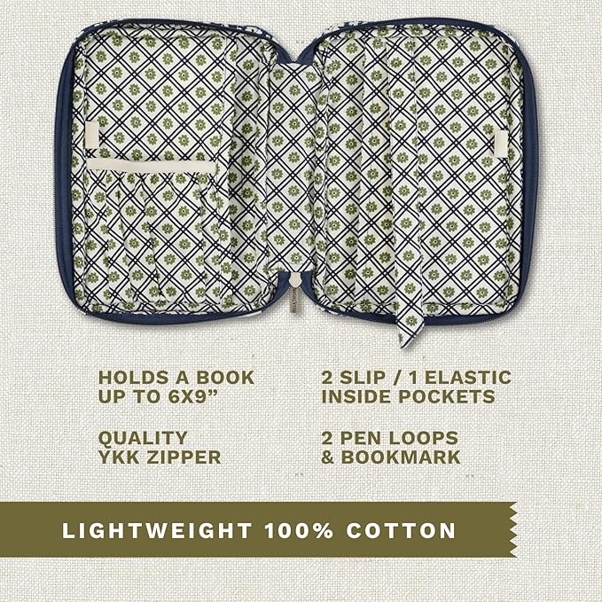 Bella Taylor Small Bible Cover for Women - Quilted Cotton Bible Case for 6 x 9 inch Books - Bicolor Floral Navy