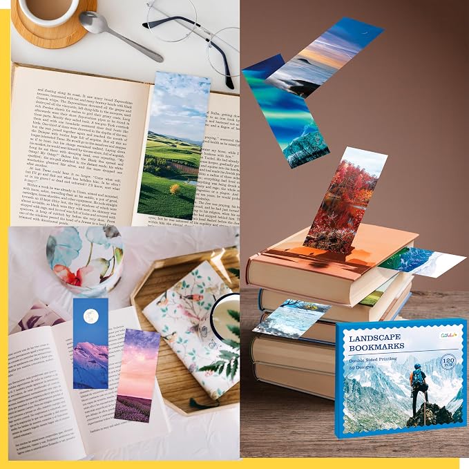 120 PCS Landscape Bookmarks, 30 Designs Double Sided Printing Paper Bookmarks Scenery Book Markers with PET Film for Primary Middle High Reading Students, Book Lovers (2.4” x 6.1”)