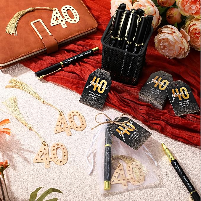 Spakon 50 Set 40th Birthday Party Favor for Guest Anniversary Party Favor Golden Birthday Bookmark Thank You Pen with Tag Appreciation Gifts for Women Men Wedding Anniversary