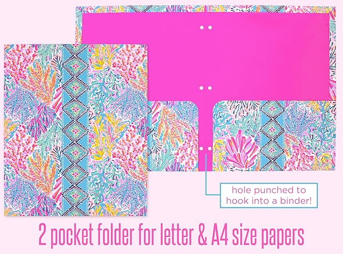 Lilly Pulitzer 3-Pack Pocket Folder Set, Colorful Letter Size Document Organizers, Folders Come Hole Punched to Fit Binders, Shell Me Something Good (Assorted)