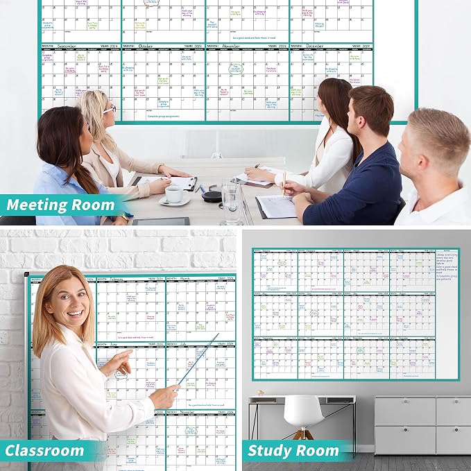 Large Dry Erase Calendar for Wall - Undated 12 Month Wall Calendar, 37”×58", Yearly Wall Calendar Dry Erase, Erasable & Reusable Calendar with 15 Round Stickers, Green Large Wall Calendar Dry Erase