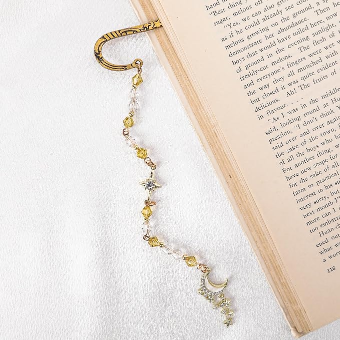 Fantasy Moon Metal Bookmark - Vintage Hook Book Marks Page Mark with Beaded Gold Star Charm for Women Girls Students Teachers Bookworms Reading Lovers Birthday Gifts School Accessories