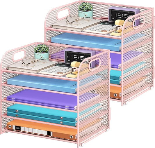 Cawukege 2 Pack 5 Tier Paper Organizer, Letter Tray with Handle, Mesh Desk Organizer, Metal File Organizer, Office Desk Accessories for Home, Office, Classroom, School -Pink