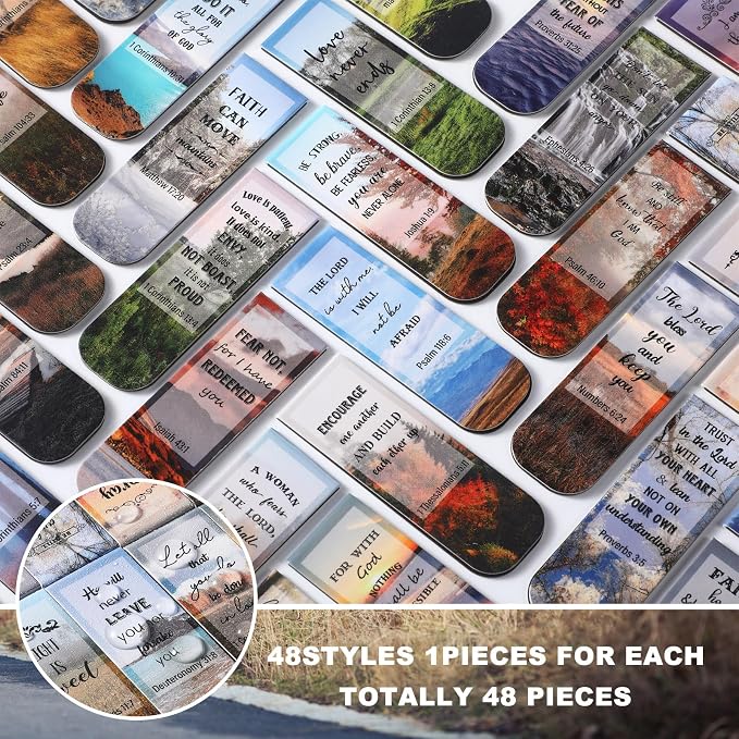 Zonon 48 Pcs Bible Verse Magnetic Christian Bookmarks, 0.8x4.7in Inspirational Scripture Book Markers for Women Men Religious Motivational Page Clips Book Lovers Reading Gifts(Forest Style)