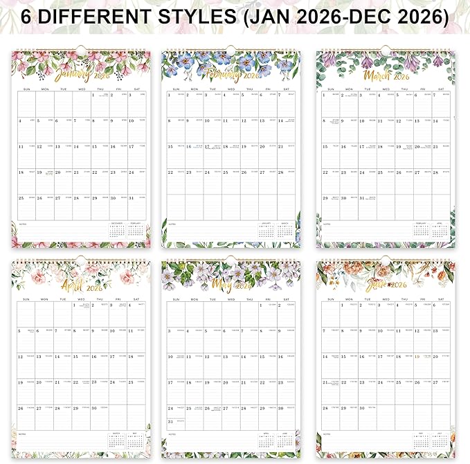 2026 Wall Calendar - Calendar 2026 Wall, Jan 2026 - DEC 2026, 12" x 17", Large Blocks, Hanging 2026 Wall Calendar 12 Months, Floral Calendar for Living Room