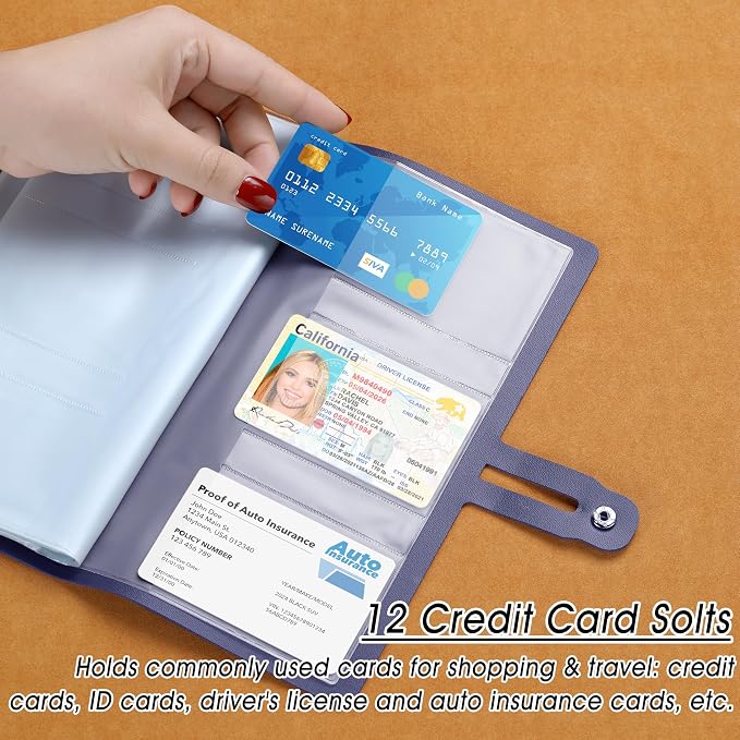 Leather Receipt Organizer, Portable Receipt Holder for Travel, Daily Coupon Organizer with 20 Pockets and 12 Card Slots to Keep Receipts and Coupons Organized, Prevent Loss and Damage (Blue)