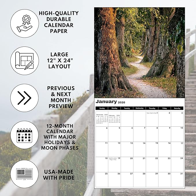 Pathways 2026 Wall Calendar | Scenic Nature Photography & Enchanted Outdoor Views | Stunning Walkways | Christmas Gift For Nature Lovers 12" x 24" Wall Calendar 2026