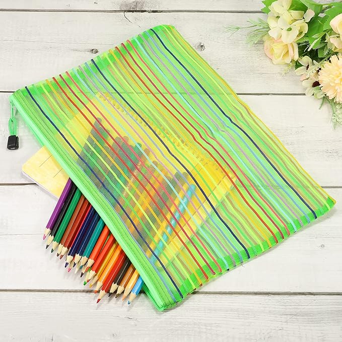 MECCANIXITY Mesh Zipper Pouches, A4 Colorful Pencil Case Document File Bags Storage Organizer for Office Supply Travel Accessory, Green Pack of 6