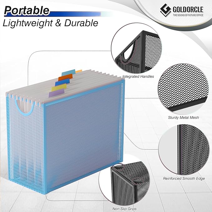 Hanging File Organizer, Letter-Size File Holder Filing Box with 5 Hanging Folders, Metal Mesh Desk File Folder Storage(No Assembly Required) (Blue, with 5 Grey Folders)