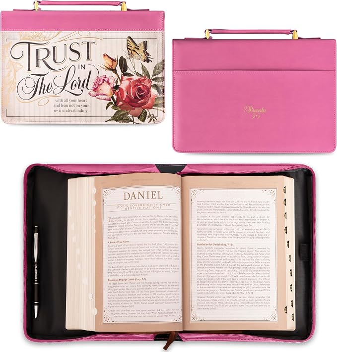 Christian Art Gifts Rose Pink Floral Fashion Bible Cover for Women: Trust in the Lord - Prov. 3:5 Inspirational Scripture Verse, Vintage Vegan Leather Book Carry Case Bag w/Stationery Storage, Large
