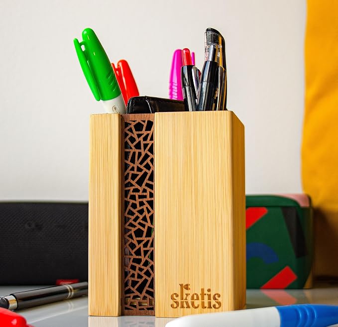 Premium Bamboo Wood Organizer—Multi-purpose Utensils, Pen, Pencil, Crayon, Marker, Brush, Ruler, Tube Holder for Supplies, Kitchen, Arts & Crafts and School & Home (3.14x 3.14x 4.33 Inch)