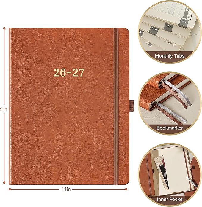 2026-2027 Planner - Academic Planner 2026-2027, July 2026 - June 2027, 9" x 11", Leather Planner Large, Monthly Weekly Planner with Pen Holder + Elastic Closure + Leather Hardcover + Bookmarks - Brown