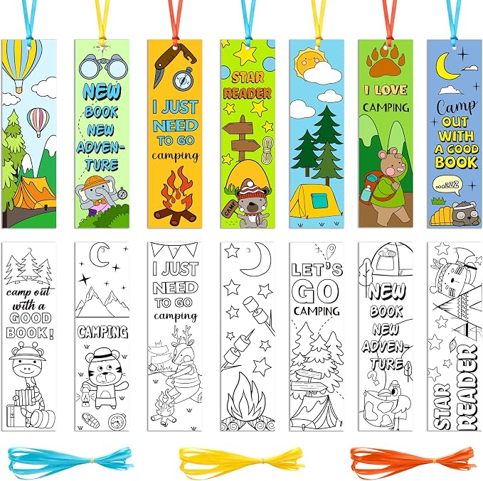 ANGOLIO 123P Camping Color Your Own Bookmarks for Kids Summer Funny Camping Tent Jungle Animal Campfire DIY Coloring Blank Book Markers for Teacher Student Classroom Art Crafts Birthday Party Supplies