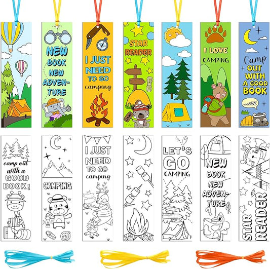 ANGOLIO 123P Camping Color Your Own Bookmarks for Kids Summer Funny Camping Tent Jungle Animal Campfire DIY Coloring Blank Book Markers for Teacher Student Classroom Art Crafts Birthday Party Supplies