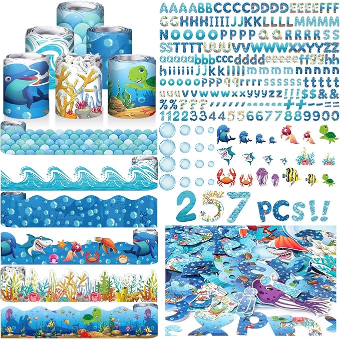Kosiz Ocean Colorful Bulletin Board Decoration Set 118 ft Scalloped Bulletin Board Borders Classroom Poster Border Trim with 257 Pcs Letter Number Symbol Cutout for School Decor
