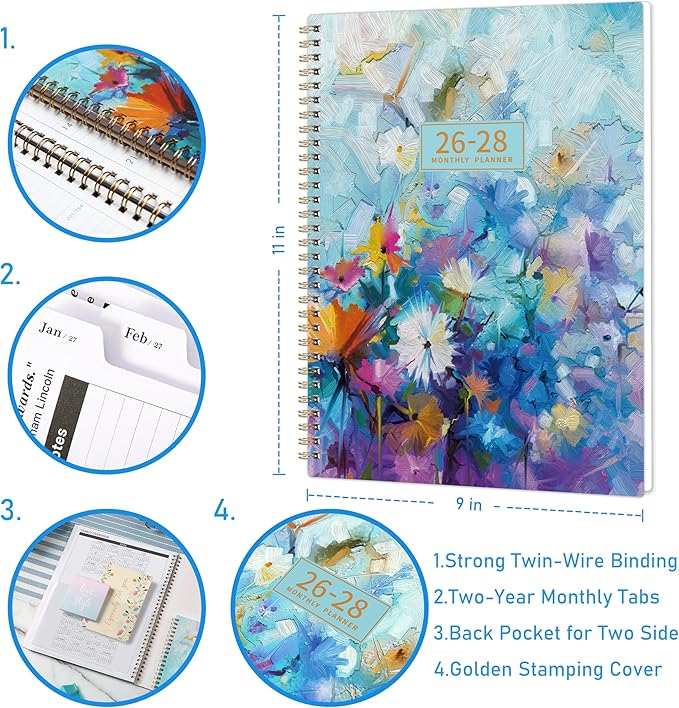 2026-2028 Monthly Planner/Calendar with Two-Side Pocket, July 2026 - June 2028, 9" x 11", 2 Year Monthly Planner 2026-2028, Flexible Cover, Perfect Organizer