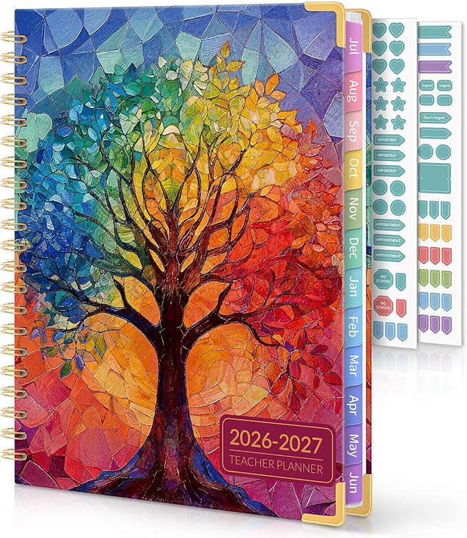 SKYDUE Teacher Planner 2026-2027 Academic Year, 8.5" x 11" Deluxe Teacher Lesson Planner with Monthly Tabs & Stickers, Lesson Plan Book 26-27, Tree of Life