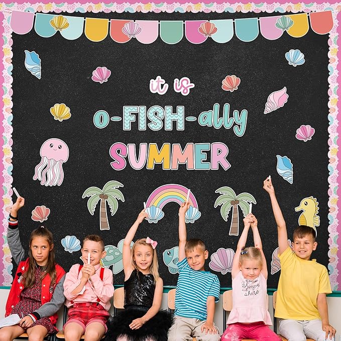 AnyDesign 80 Pcs Summer Ocean Sea Bulletin Board Decoration Cartoon Marine Animal Fish Paper Cutouts with 150 Pcs Glue Points for Tropical Party Classroom Wall Decor
