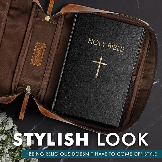 ELIZO Personalize Leather Bible Cover for Men Bible Case Women Holder Carrying Organizer Wrap Sleeve Protector Christian Religious Gift Cross Bookmark – Large Antique Brown