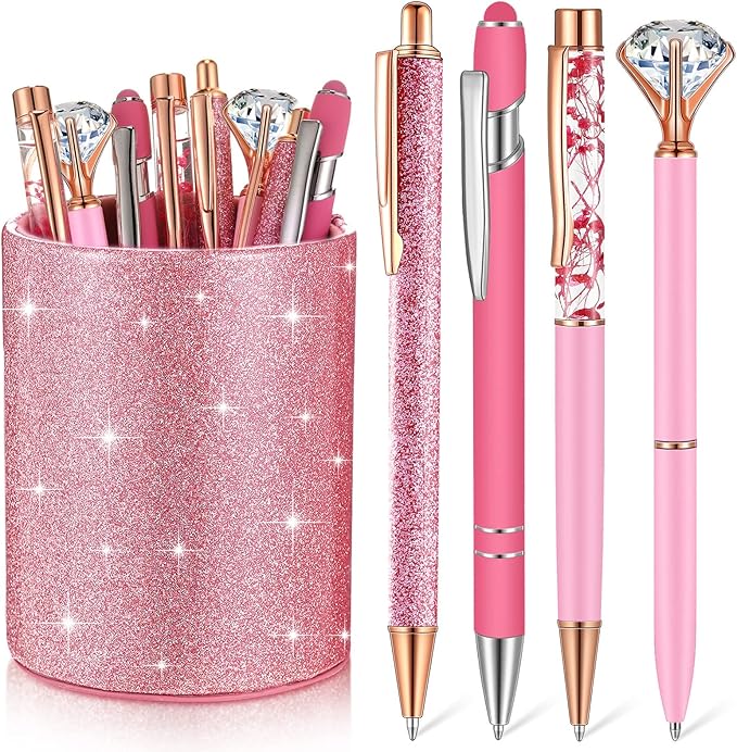 Sabary 8 Pcs Pink Pens with Pen Holder for Desk Glitter Crystal Diamond Cute Ballpoint Fancy Pencil Holder Bling Desk Organizer for Women Girls School Office Supplies Wedding Graduation Gifts