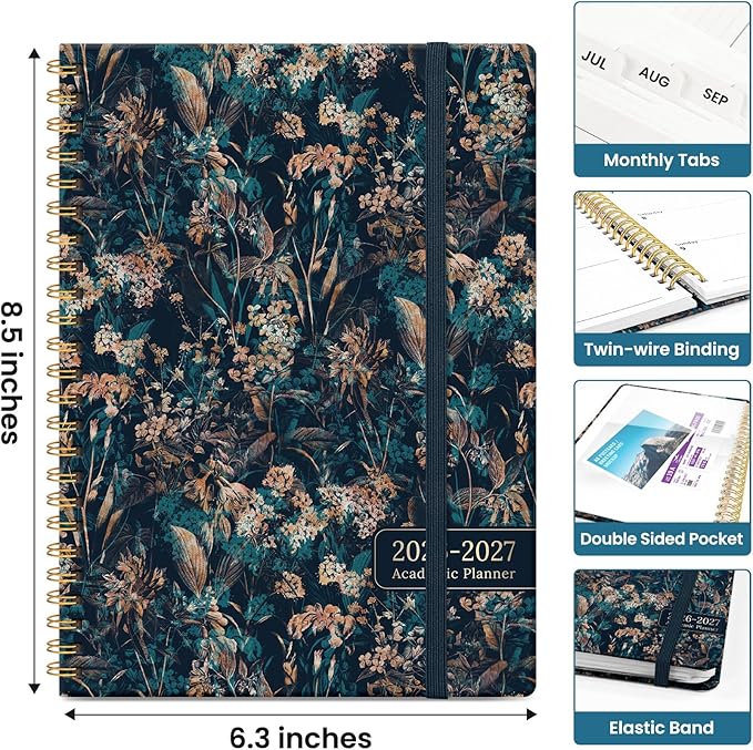 Planner 2026-2027, Academic Monthly and Weekly Calendar Planner for Women, July 2026 - June 2027, Hardcover Pretty Agenda Planner Book with Tabs, Spiral Daily Organizer for School Office Home Supplies, 6.3" x 8.5" - Royal Flowers