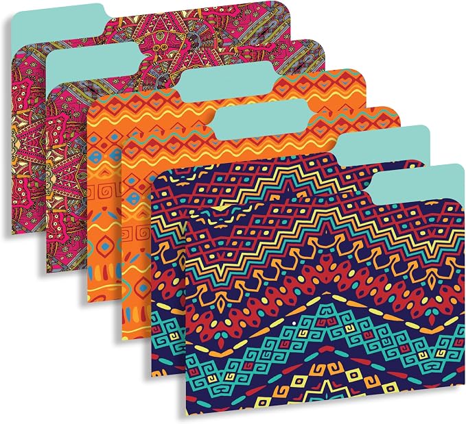 Decorative File Folders 1/3 Cut Tab, 12 Pack Ethnic Design, Heavyweight Laminated Letter Size (9.5” x 11.5”), Stylish Fashion File Folders for Home, Office & School Organization.