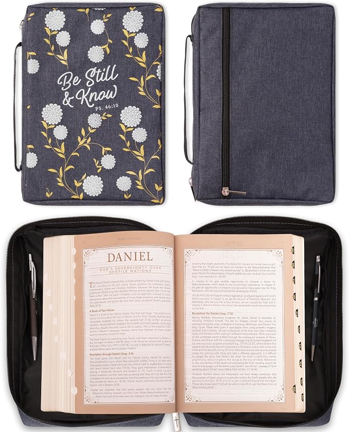 Christian Art Gifts Men/Women's Bible Cover Be Still & Know Psalm 46:10, Navy Canvas, Medium