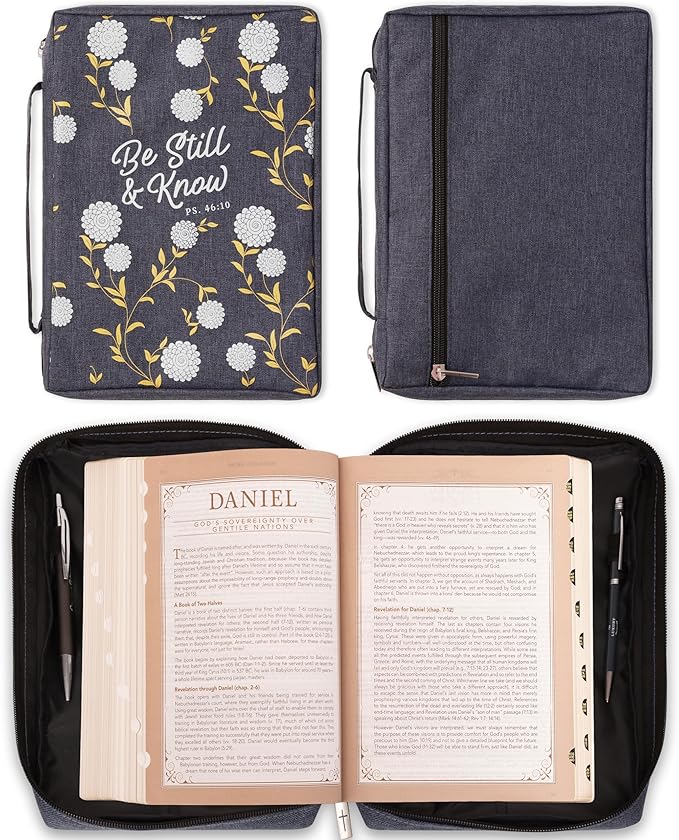 Christian Art Gifts Men & Women’s Bible Cover – Be Still & Know Psalm 46:10, Navy Canvas, Large Size – Durable Zipper Case with Handle, Pen Loop, Interior & Exterior Pockets for Daily Use
