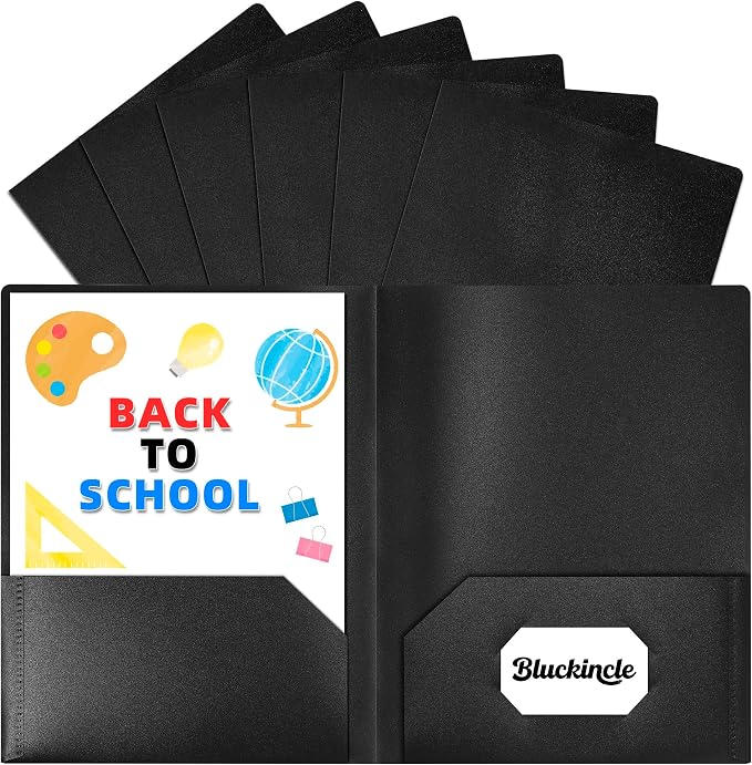 6 Pack Folders with Pockets Black, 2 Pocket Plastic Folder with Pockets for School File Folder for Documents Letter Size with Business Card Slot Back to School Office Teacher Supplies