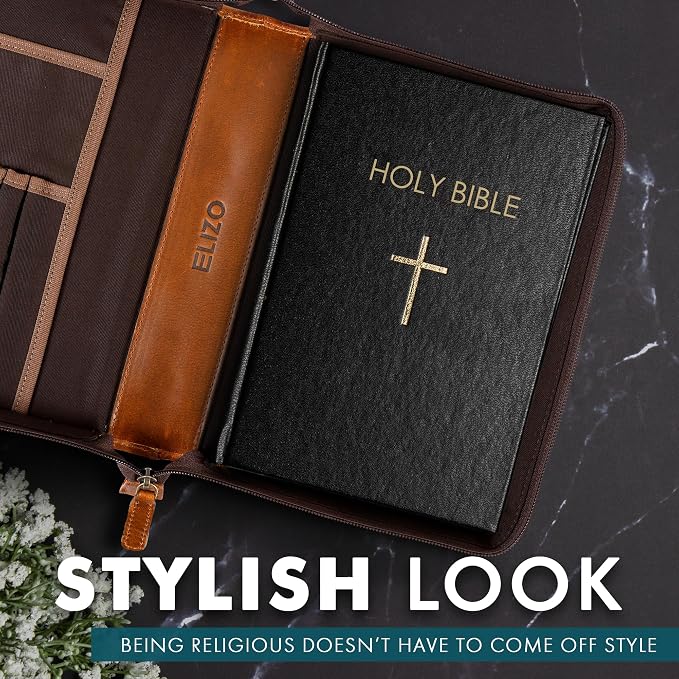 ELIZO Leather Bible Cover Bible Case for Men Women Genuine Leather Bible Bag Holder Cross Large Carrying with Zipper Case Protector Christian Religious Gifts for Mens (Cognac/Tan, Standard/Small)