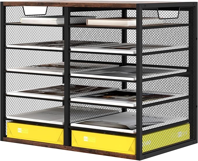 TQVAI 12 Compartments Desktop Literature Organizer, Metal Frame Paper Sorter with Handles, Adjustable Mailbox for Classroom and Office, Desk File Organizer for Document, Bill, Magazine, Antique Brown