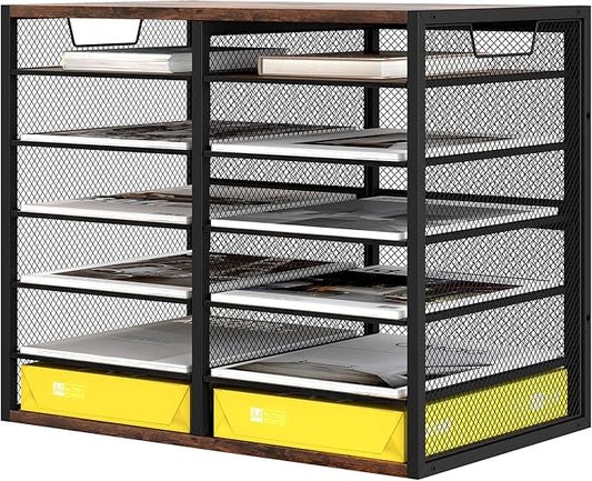 TQVAI 12 Compartments Desktop Literature Organizer, Metal Frame Paper Sorter with Handles, Adjustable Mailbox for Classroom and Office, Desk File Organizer for Document, Bill, Magazine, Antique Brown
