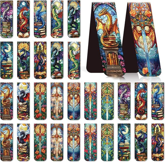 Dragon Sword Bookmark Magnetic Gifts - Wxiben 30 Pcs Stained Glass Window Dragon Bookmarks Magnets Fantastic Book Marks Page Marker Clip Gift for Women Men Students Teacher Reading Bookish