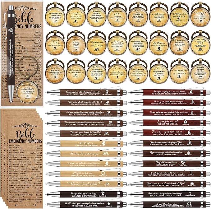 Dunzoom 25set 75pcs Fathers Day Christian Gift Emergency Numbers Bookmark Bible Verse Pen Religious Scripture Keychain for Women Men Coworker Church Prayer Baptism Souvenir Study Group(Elegant Color)