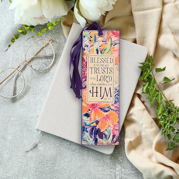 Christian Art Gifts Premium Vegan Faux Leather Scripture Bookmark for Women: Blessed Is The One - Jeremiah 17:7 Inspirational Bible Verse, Faith-Based Reading Book Accessory with Tassel, Purple Floral