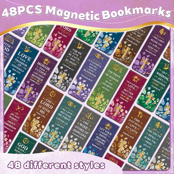 48Pack Magnetic Bookmarks Bible Bookmark Christian Bookmarks Bulk Book Marks for Reading Women Men Adults Kids Book Lovers Gifts, Cute Personalized Religious Magnet Bookmark Clips (Christian)