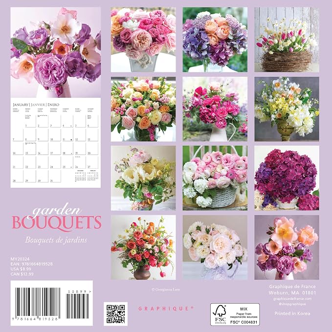 Graphique 2024 Garden Bouquets Mini Wall Calendar | 7” x 7” | Thick Paper | Home & Office Organizer | Large Monthly Grid | 3 Languages & Marked Holidays | 4 Month Preview Page for 2025