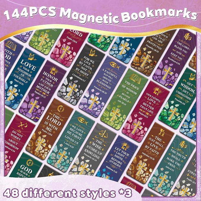 144Pack Magnetic Bookmarks Bible Bookmark Christian Bookmarks Bulk Book Marks for Reading Women Men Adults Kids Book Lovers Gifts, Cute Personalized Religious Magnet Bookmark Clips (Christian)