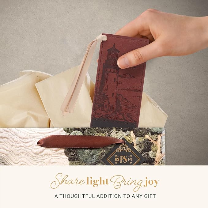 Christian Art Gifts Premium Vegan Leather Inspirational Scripture Bookmark for Men & Women: I Will Carry You Encouraging Bible Verse, Heat-Debossed, Satin Ribbon, Lighthouse Ocean Theme, Brown & Gold