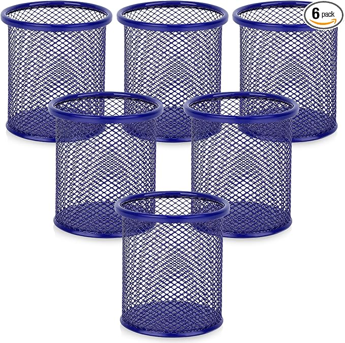 Segarty Pen Cup, 6 Pack Round Cute Dark Blue Pen Holder for Desk, Wire Mesh Pencil Holder Container Set, Desktop Organizer for Office Supplies, Maker, School, Home Storage, Makeup Brush