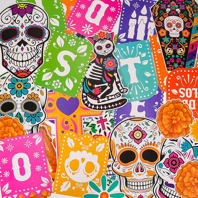 HOWAF 36 PCS Day of The Dead Bulletin Board Decorations, Dia De Los Muertos Mexican Paper Cutouts Bulletin Board Stickers with Glue for Classroom School Party Supplies Skull Cat Chrysanthemum Cutouts