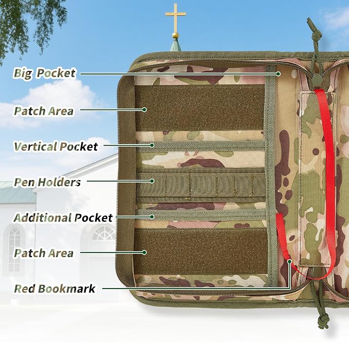 Tactical Bible Case Cover for Men, Bible Book Cover Organizer with Customizable Velcro Patch Panel, Gifts for Men, Women, Friends, Family