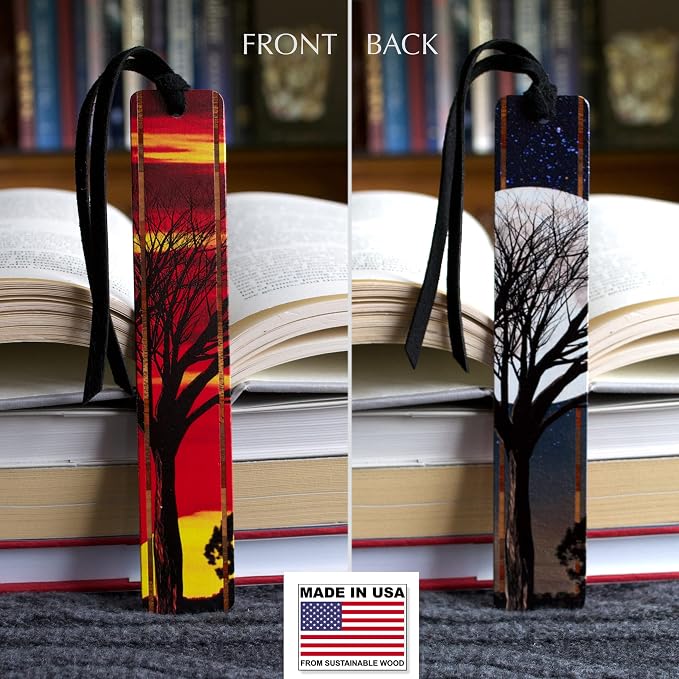 Sunset Moonrise Wooden Bookmark | Celestial Sunset Landscape Art | Gift for Nature Lovers, Stargazers, Tree Lovers, Sky Watchers & Readers | Handmade in the USA
