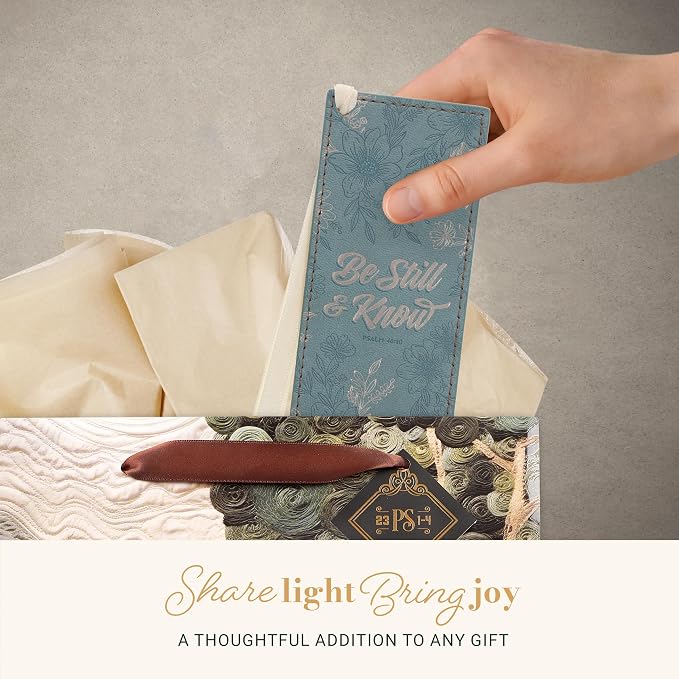 Christian Art Gifts Floral Scripture Bookmark for Women: Be Still & Know Encouraging Silver Bible Verse, Sturdy Faux Leather Heat-Debossed Design, Cream Satin Ribbon Markers for Reading, Marking Pages