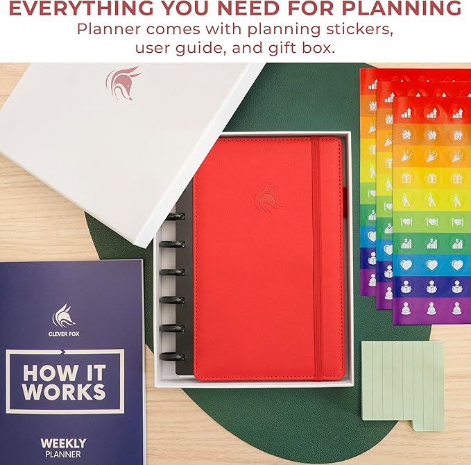 Clever Fox Disc-Bound Weekly Planner – Undated Monthly Notebook with Habit Tracker, Productivity Journal – Life, Work & Goal Organizer, 6.5 x 8.4" (Red)