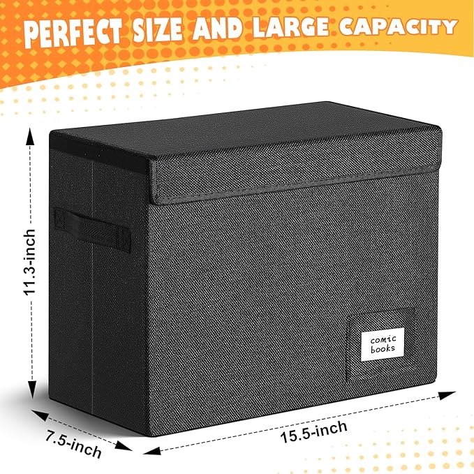 Leffis Comic Book Storage, Box 15.5" X 7.5" X 11.3", Collapsible Comic Short Box with Lids Holds 150 Comics Heavy Duty Comic Book Bin Container (2 pack, black)