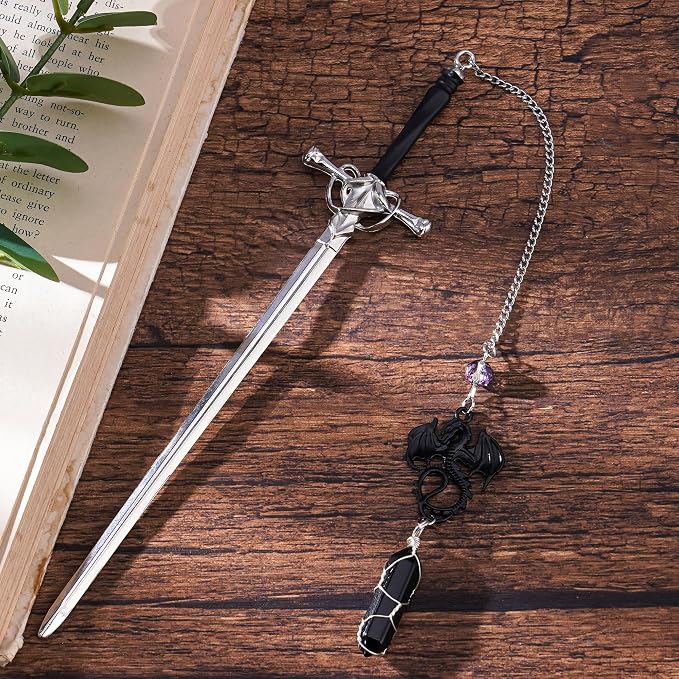 Fourth Wing Sword Bookmark- Fantasy Dragon Book Marks Gift Reading Men Boys Cool Unique Funny Vintage Metal Crystal Page Marker Kids Friend Birthday Students Teacher School Office Supplies