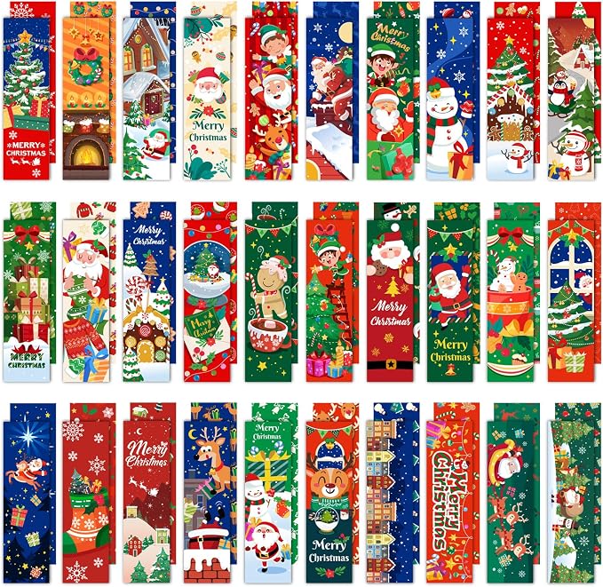 MWOOT 30 Pieces Christmas Paper Bookmarks, Double-sided Page Clips with Santa Claus Design, Creative Xmas Reading Paper Cards for Book Lovers, Student, Classroom Rewards, Party Favors,Gift Bag(15x4CM)
