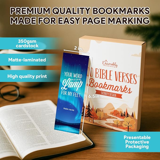 Decorably 100 Pack 2x6.5in Christian Bookmarks for Women and Men - 50 Scenery Designs Double-Sided Inspirational Verse Bible Book Markers - Journals, Bible, and Faithful Reflection