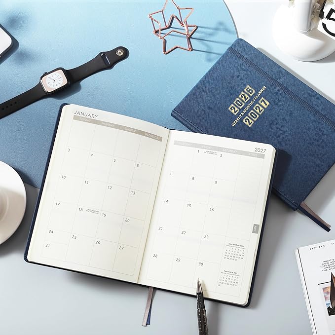 Artfan Planner 2026-2027 - Academic Planner 2026-2027, Jul. 2026 - Jun. 2027, 12-Months Weekly and Monthly, 5.75" x 8.25", Saffiano Leather with Thick Paper, Back Pocket with Notes Pages - Navy Blue
